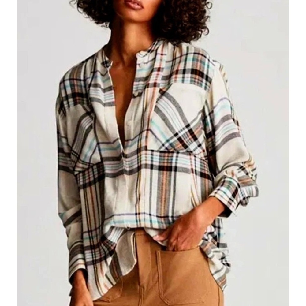 Reiss Amira Checked Viscose Wool Blend‎ Shirt Women 10 Cream Plaid Button Front